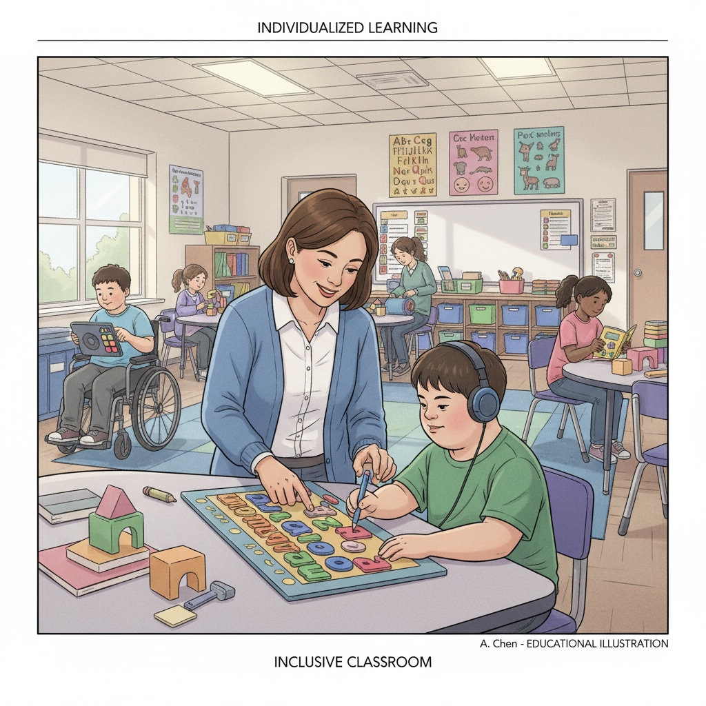 A teacher providing individualized attention to a disabled student in a special education setting, emphasizing the importance of support. Teacher-student interaction in special education affected by government shutdown and OSERS situation