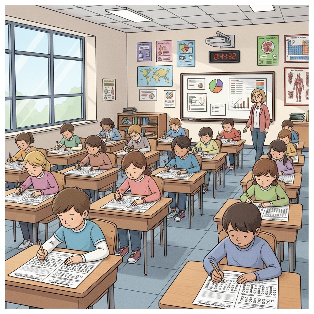 Students are sitting at desks, concentrating on answering questions on a standardized test paper in a classroom with desks neatly arranged. Students taking a standardized test in a public school related to education funds and test scores
