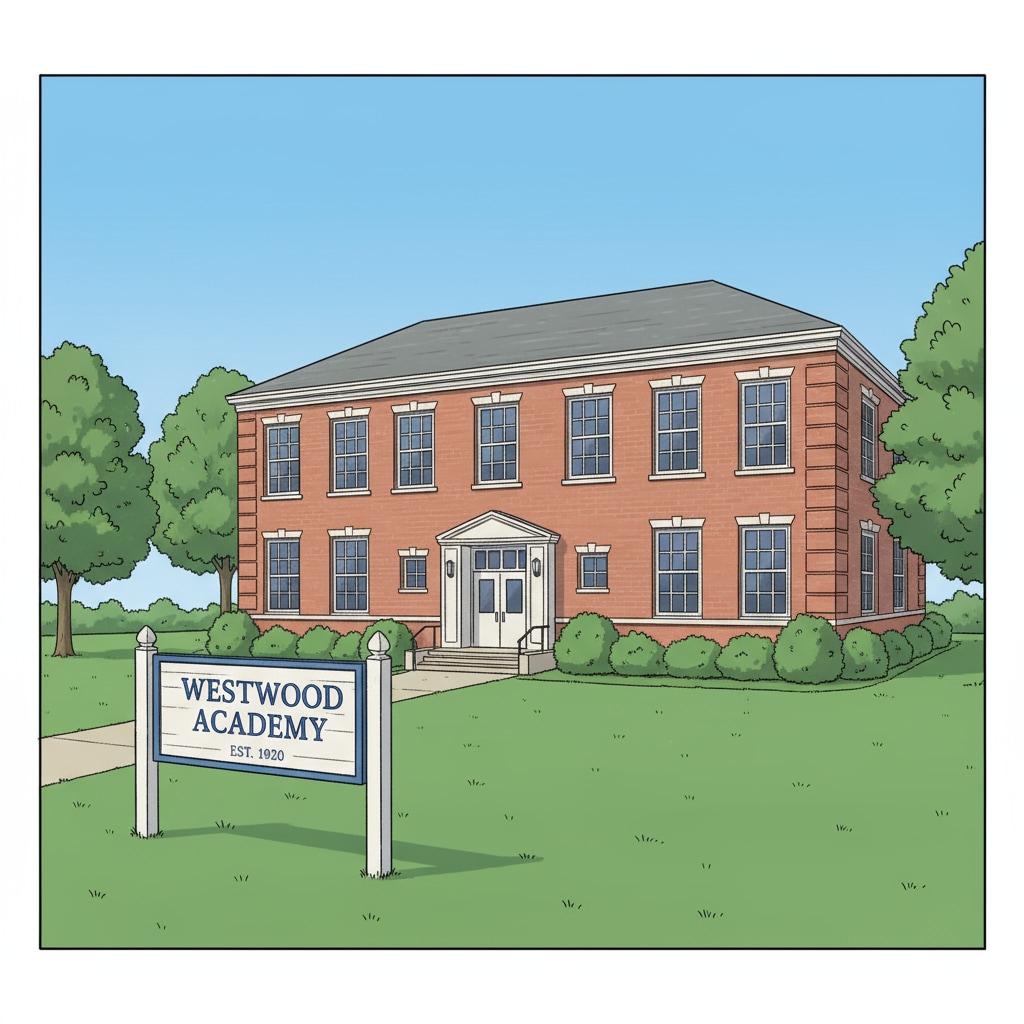 A two - story public school building with a large front lawn, and a sign indicating the school name. A public school building affected by education funds and evaluation system