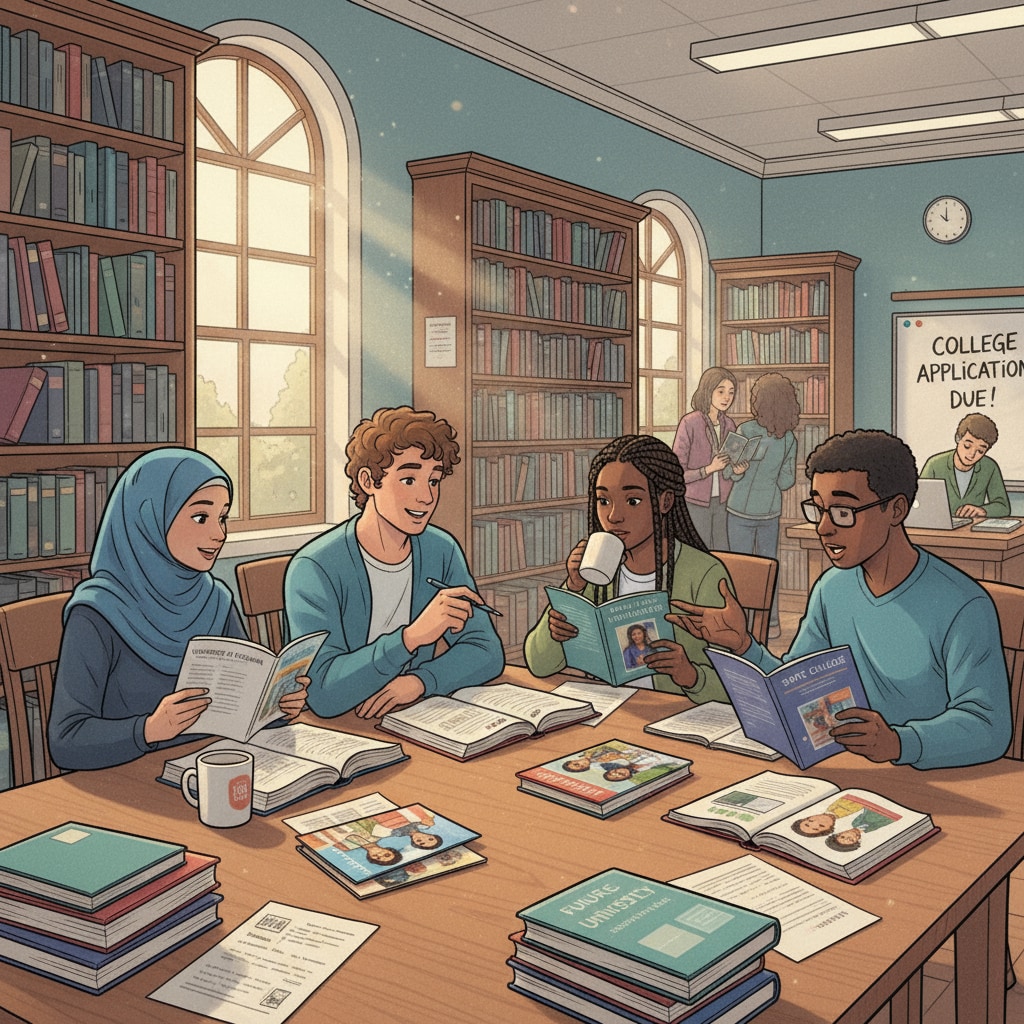 A group of high school graduates are having a discussion about college options in a library, with books and brochures spread out on the table. High school graduates discussing college planning, major selection, academic success, and career development in a library