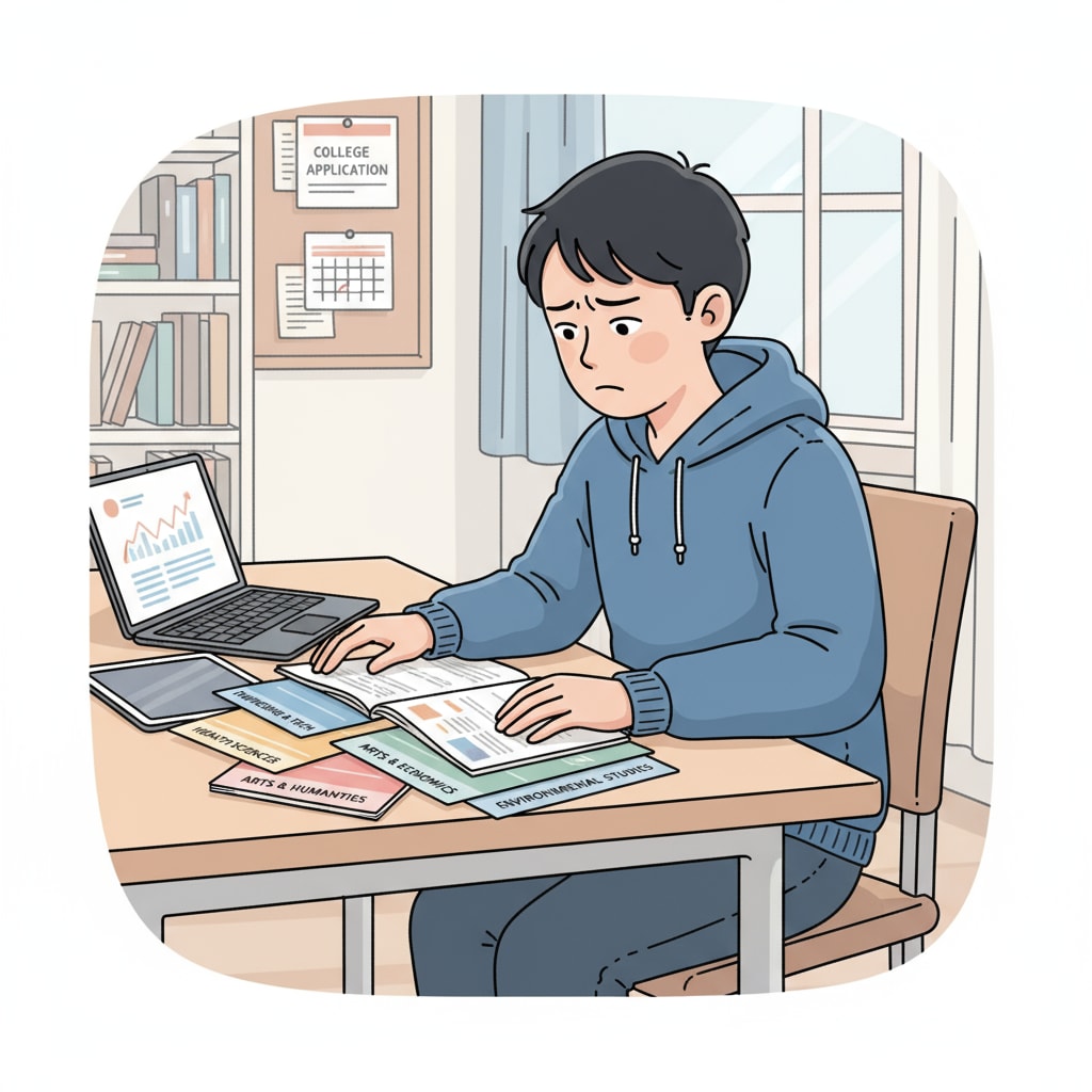 A student is sitting at a desk, looking intently at different college major brochures, with a thoughtful expression on their face. A student considering college major options as part of college planning, academic success, and career development