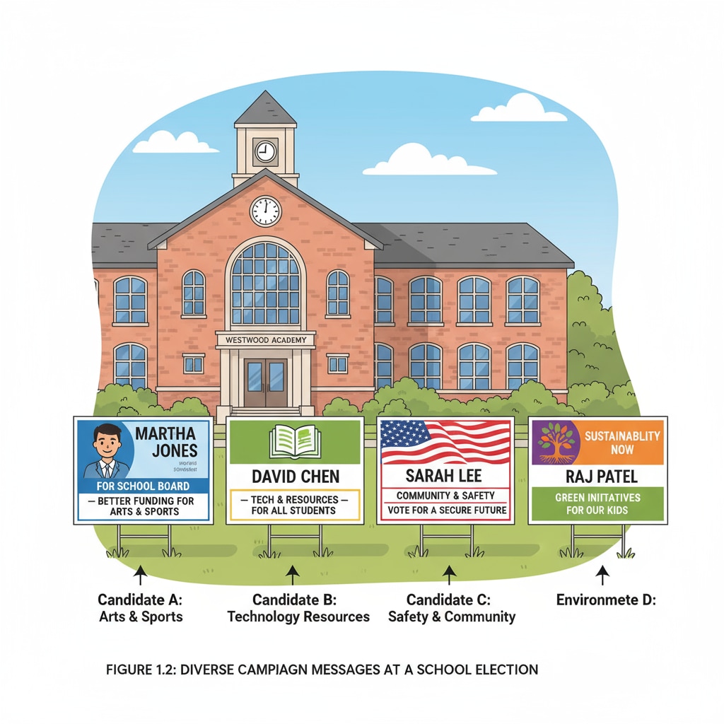 A view of various campaign signs placed in front of a school building, representing different candidates and their messages. Campaign signs in front of a school building during a school board election