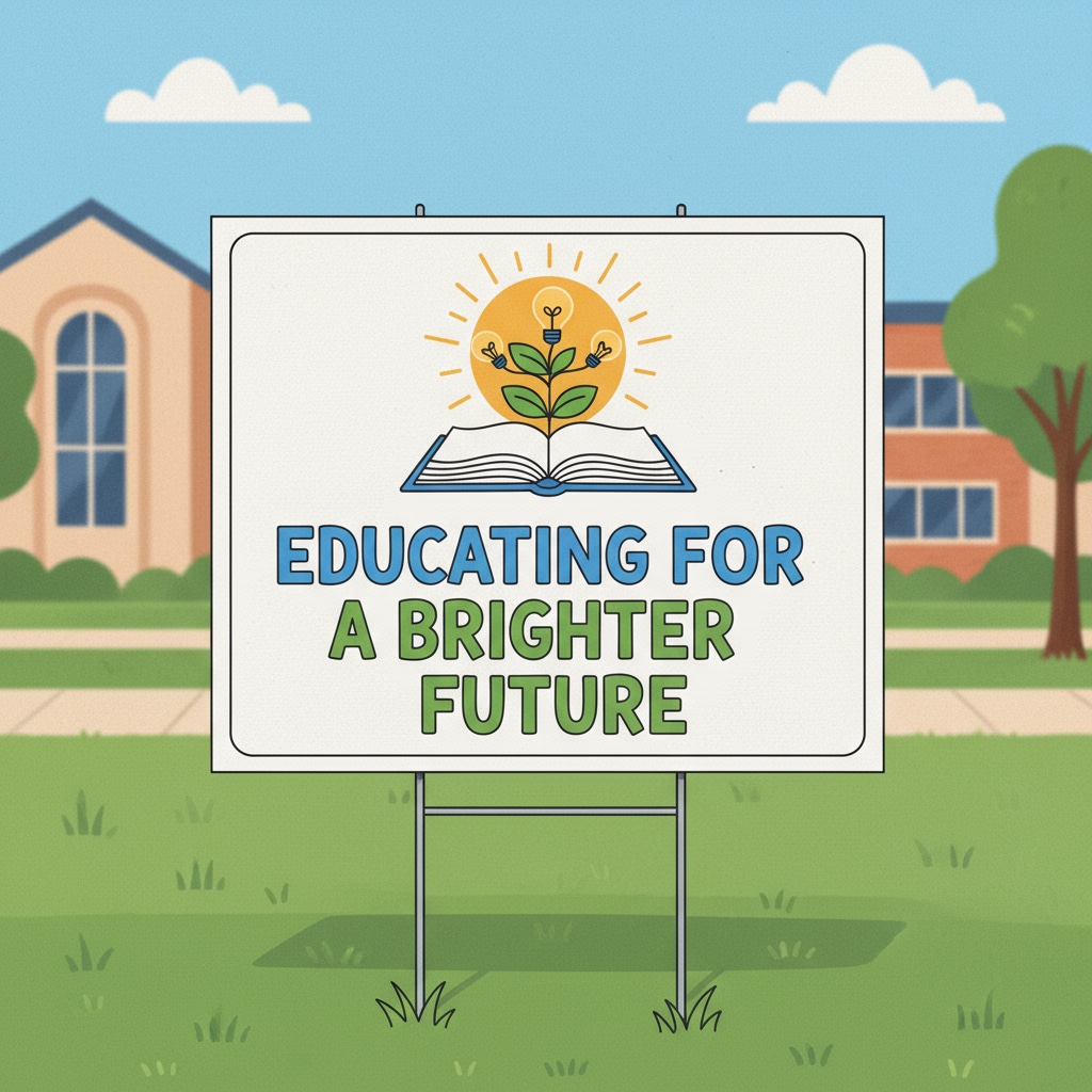 A close-up of a campaign sign with a positive message, such as 'Educating for a Brighter Future'. A positive campaign sign for a school board candidate