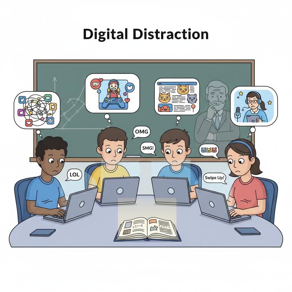 A group of students sitting in front of their devices, looking distracted by various digital content. Students distracted by digital content in the attention economy