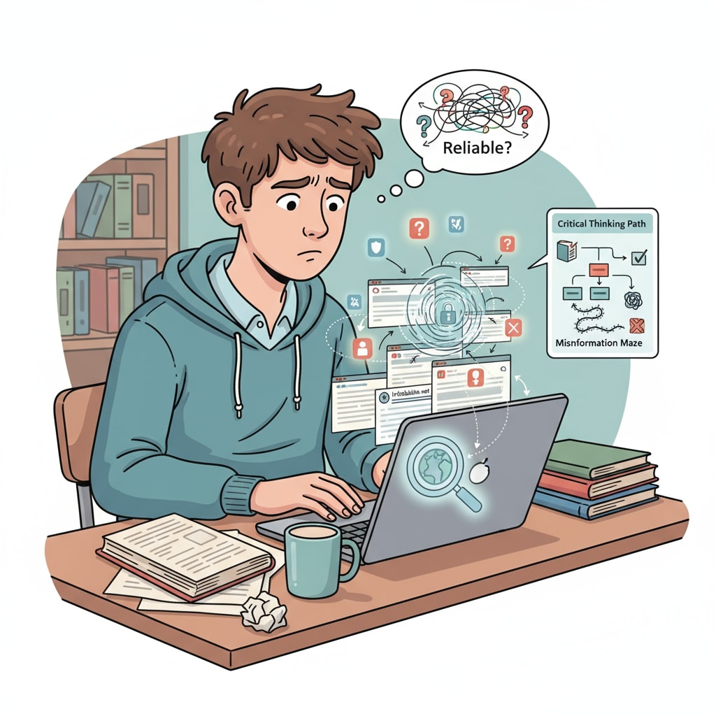 A student looking confused while searching for reliable information on the internet. Student searching for information in the information desert