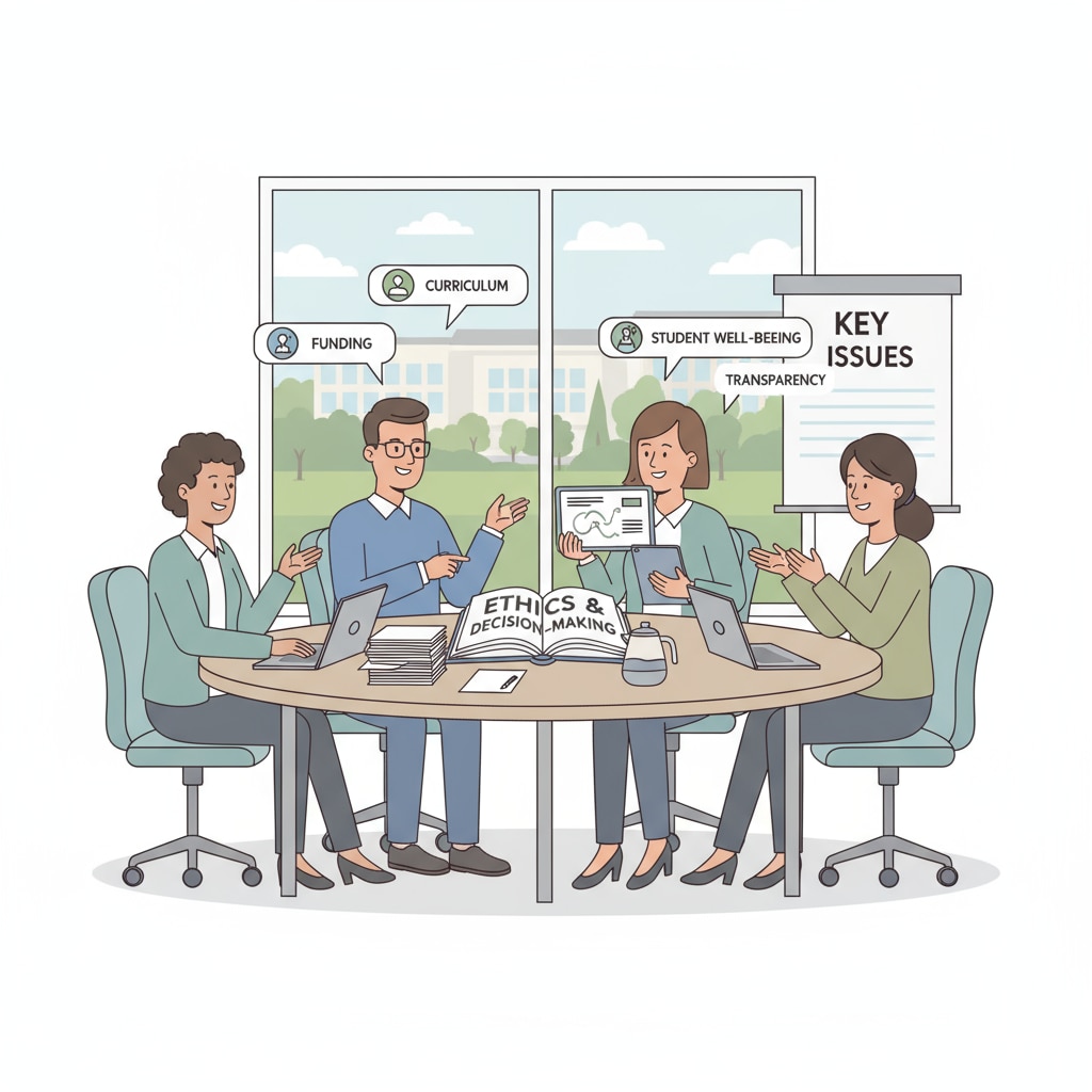 A group of educational administrators in a meeting, discussing various issues related to ethics and decision - making. Educational administrators discussing ethical dilemmas and decision - making in a meeting.