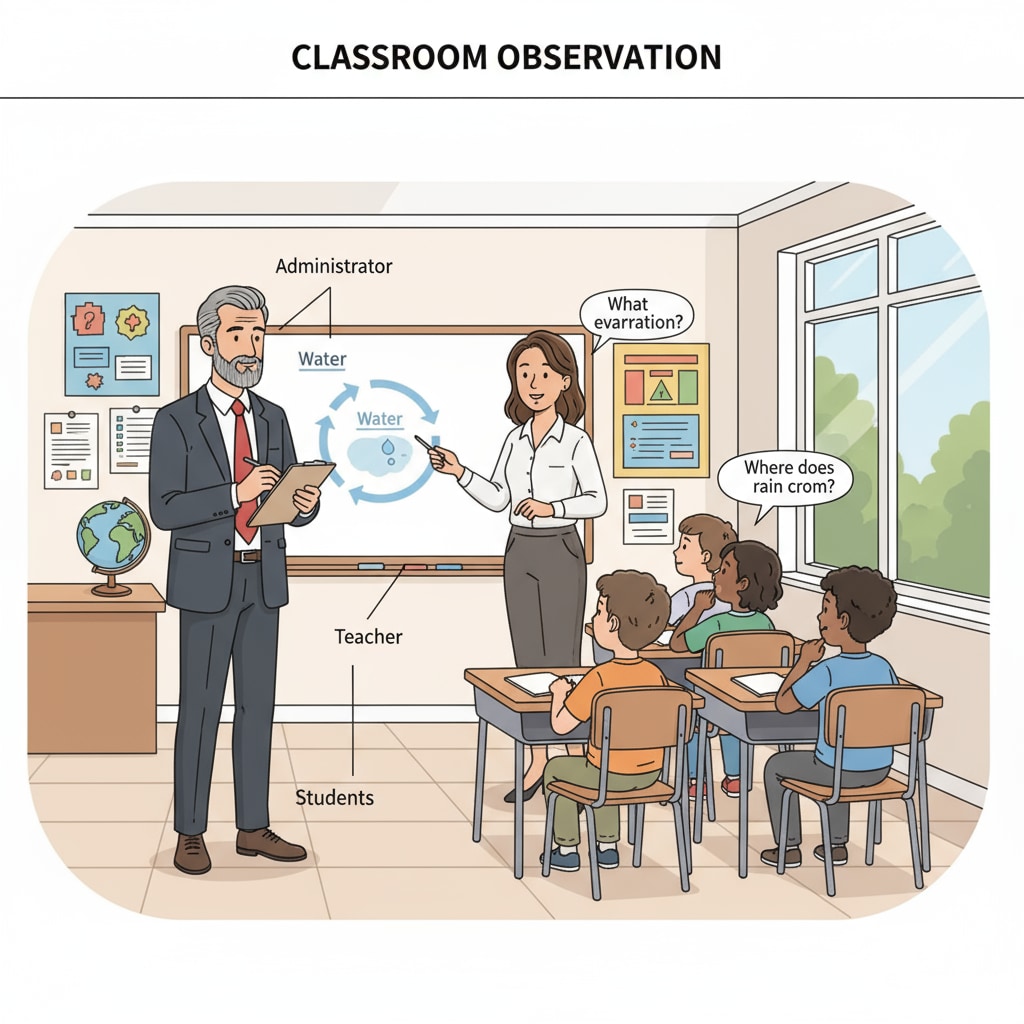 A classroom scene where an administrator is observing a teacher's performance. An administrator observing a teacher's performance in a classroom, related to ethical decision - making in educational management.