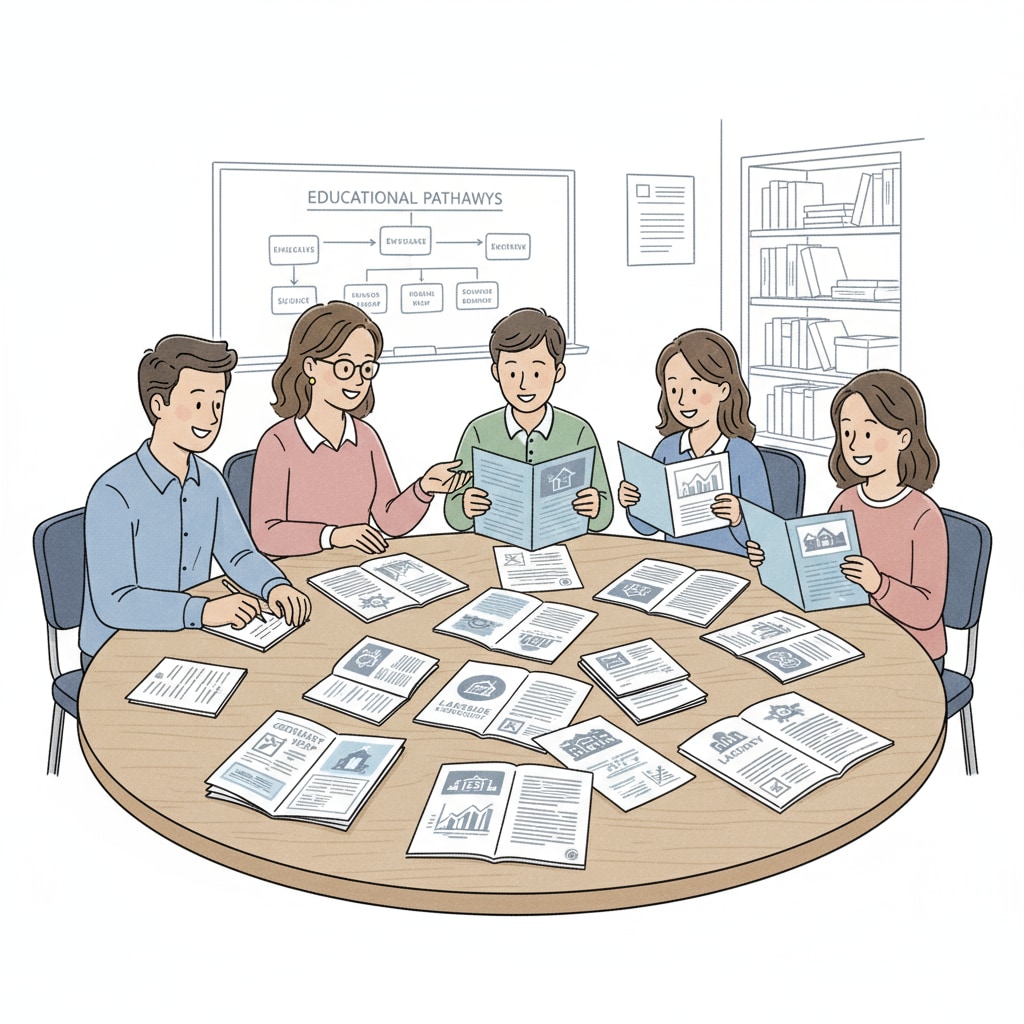 A group of students and parents are sitting around a table, discussing different school options, with papers and brochures about various schools spread out. Students and parents discussing school choice, political controversy, and education policy