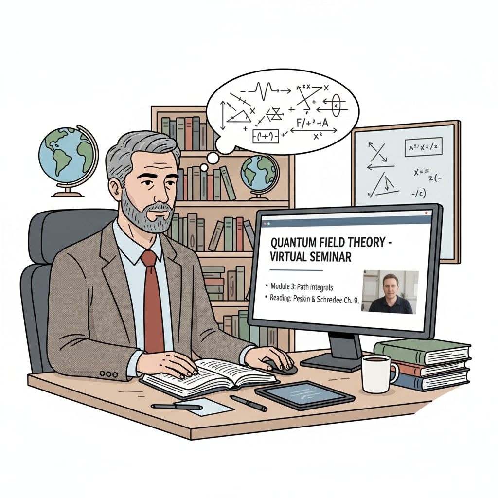 An in-service physics teacher is attending a virtual postgraduate class, looking at a computer screen with course materials displayed. An in-service physics teacher in a virtual postgraduate learning environment