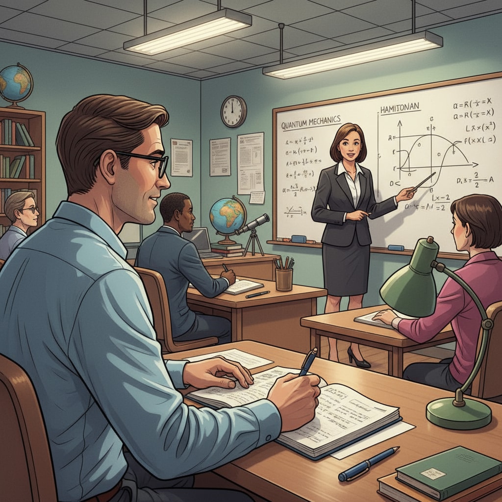 An in-service physics teacher is sitting at a desk in an evening postgraduate class, taking notes and interacting with the instructor. An in-service physics teacher participating in an evening postgraduate class