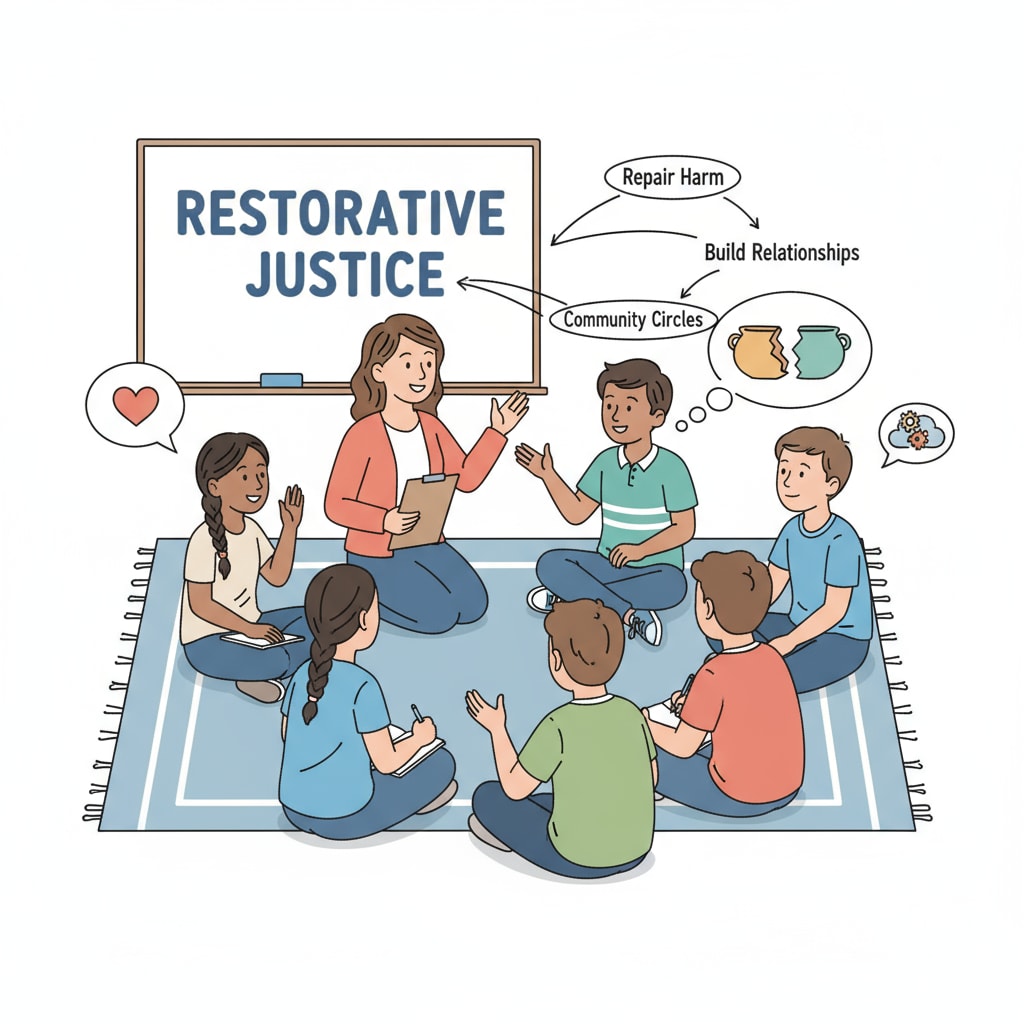A group of students and a teacher are sitting in a circle, having a discussion about restorative justice. The students are actively participating, sharing their thoughts and feelings. Students and teacher engaging in restorative justice discussion in an educational setting