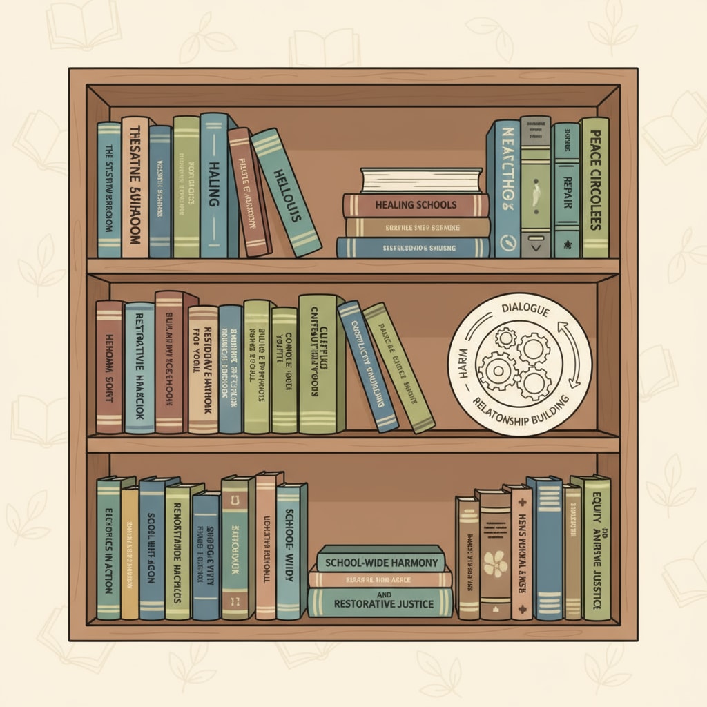 A bookshelf filled with books related to restorative justice in education. The books have titles that indicate their focus on the topic. Bookshelf with educational resources on restorative justice