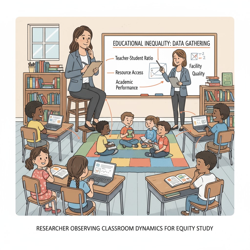 A researcher observing a classroom environment to gather data, representing the research aspect in understanding educational inequality. Researcher observing classroom for data collection in relation to educational inequality