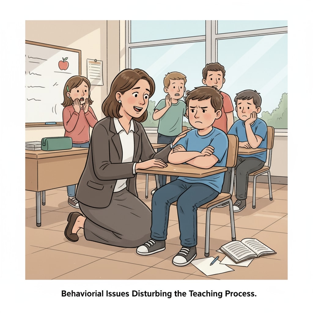 A classroom scene shows a teacher trying to calm down a misbehaving student while other students look on. This represents the issue of behavioral problems disrupting the normal teaching process in the educational system. A classroom with a teacher managing a student's behavior, related to educational system, behavioral problems, and learning opportunities
