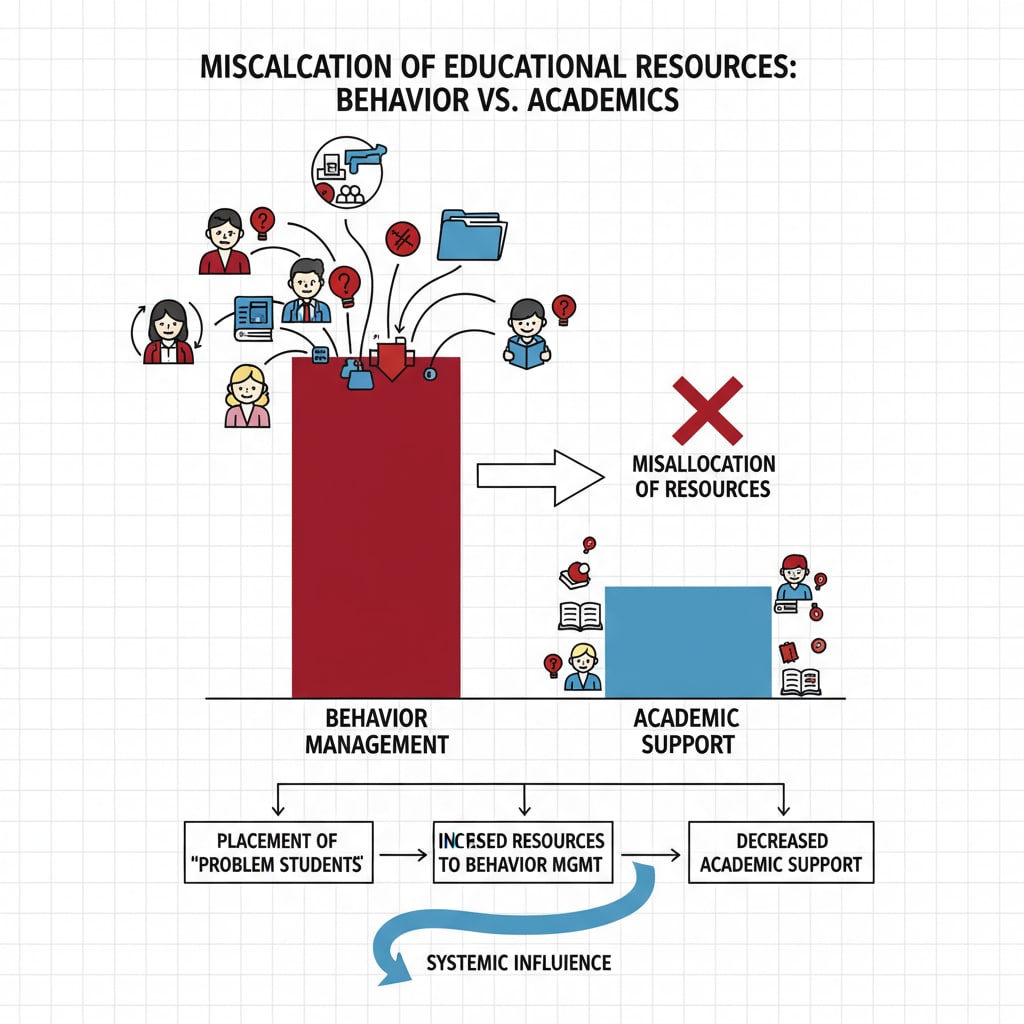 A graph shows the misallocation of educational resources, with more resources going towards behavior management instead of academic support. This is related to how the educational system is affected by the placement of problem students. A graph depicting the misallocation of educational resources, relevant to educational system, behavioral problems, and learning opportunities