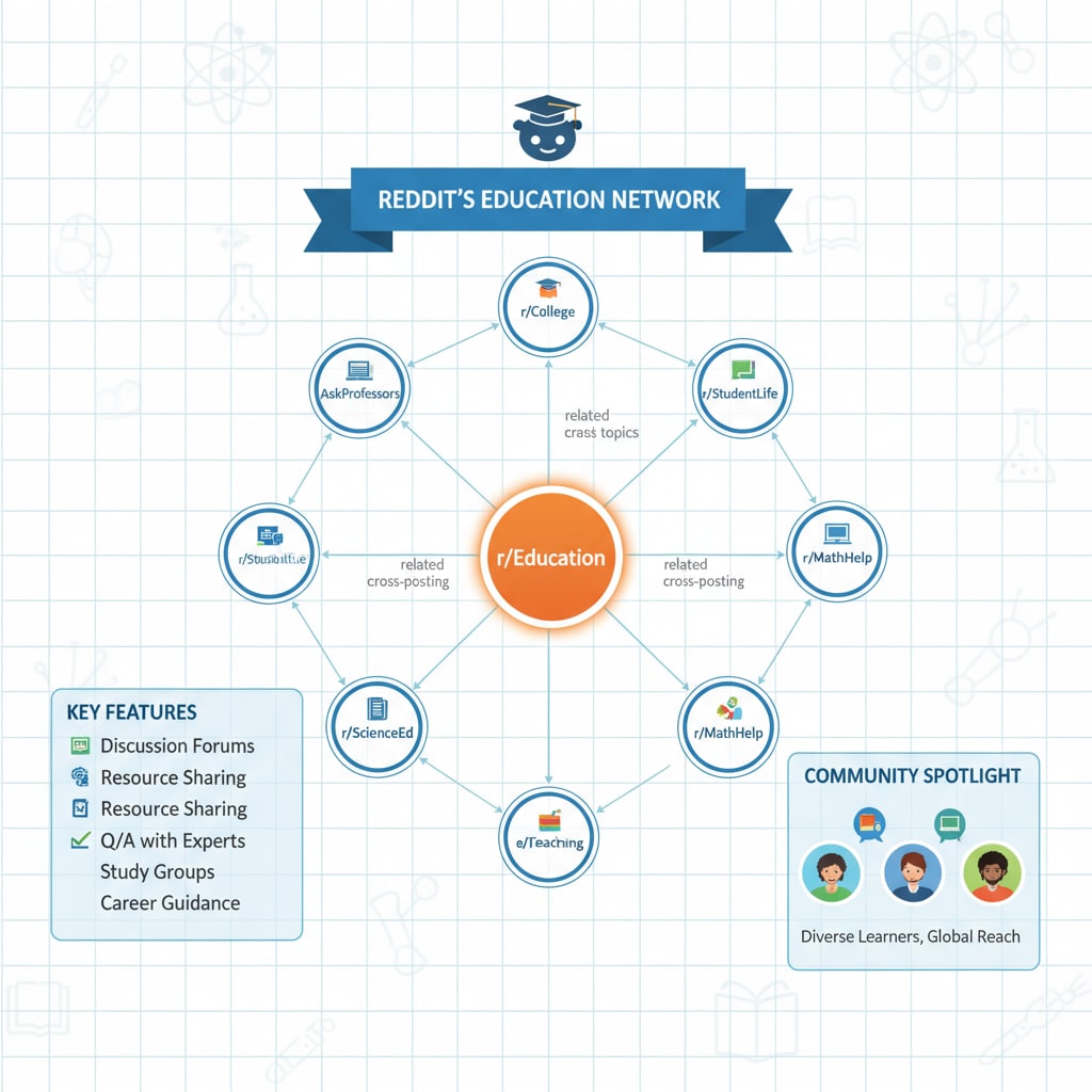 A visual representation of Reddit's education community interface highlighting different subreddits Visual of Reddit's education community interface with various educational subreddits