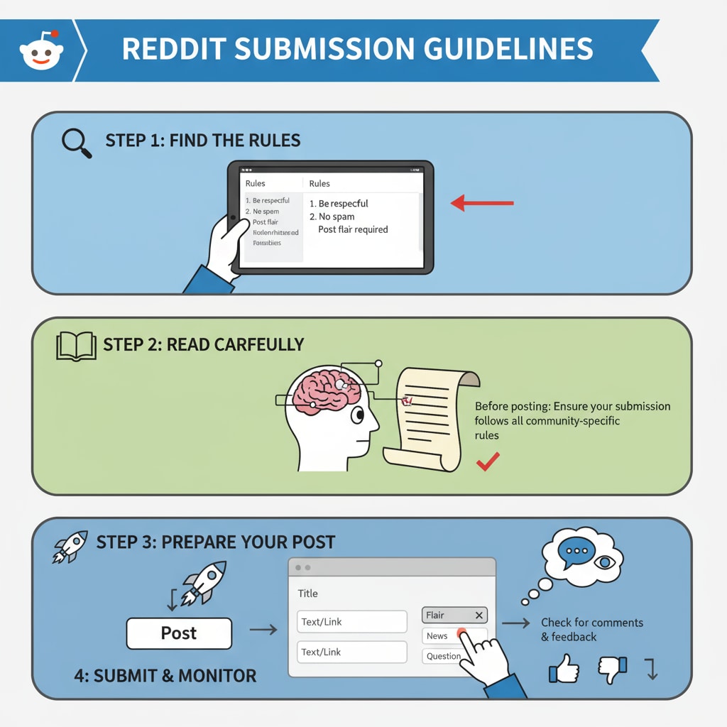 A graphic showing the steps to follow submission guidelines on Reddit Graphic depicting submission guidelines steps on Reddit