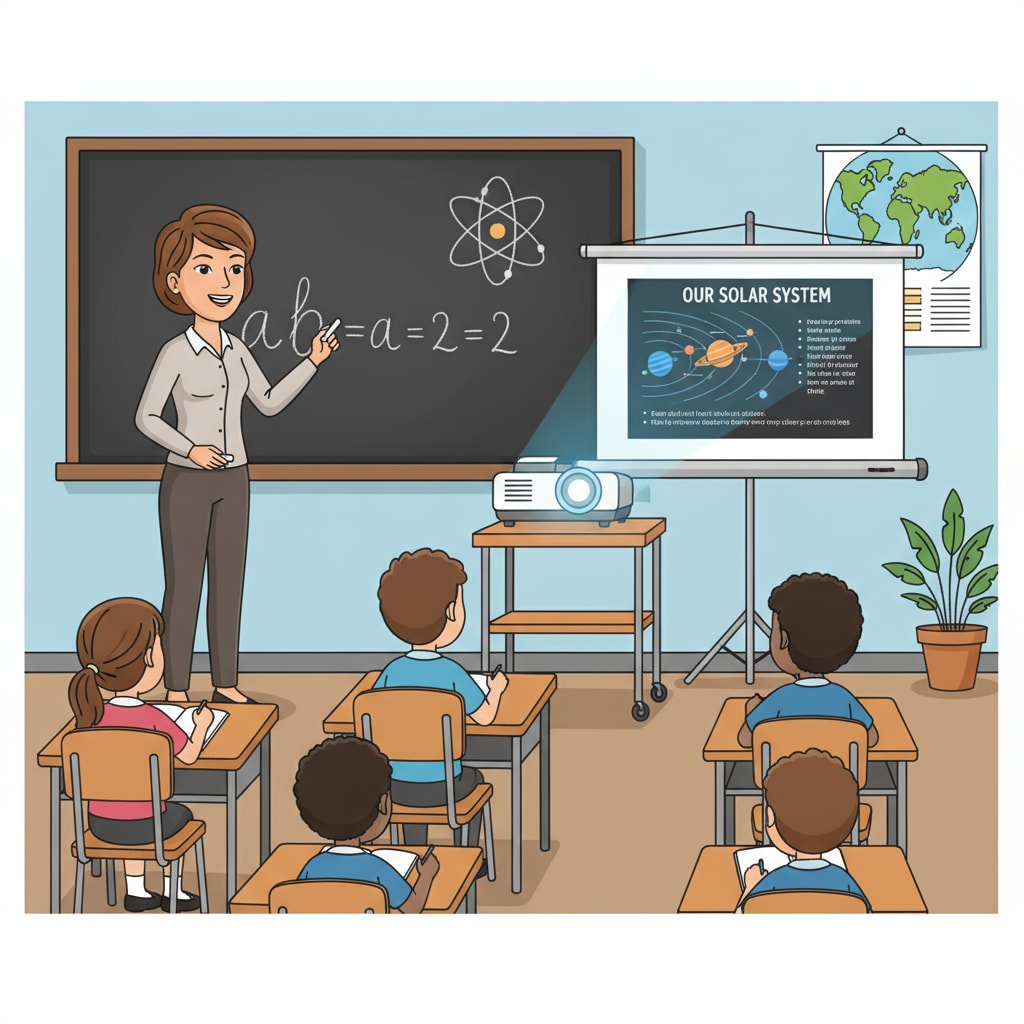 A classroom scene shows a teacher writing on a blackboard while a digital projector displays relevant educational content. This represents the coexistence of traditional and modern teaching tools. A classroom with a combination of traditional blackboard and digital projection for teaching, highlighting teaching methods, technology, and the learning environment.