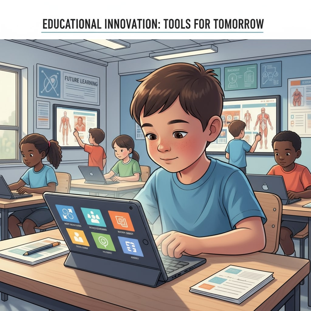 A young student is attentively using a tablet with educational apps. The setup of the modern classroom and the use of technology illustrate the new teaching tools in education. A student using educational apps on a tablet in a modern classroom, depicting technology in teaching and its impact on the learning environment.