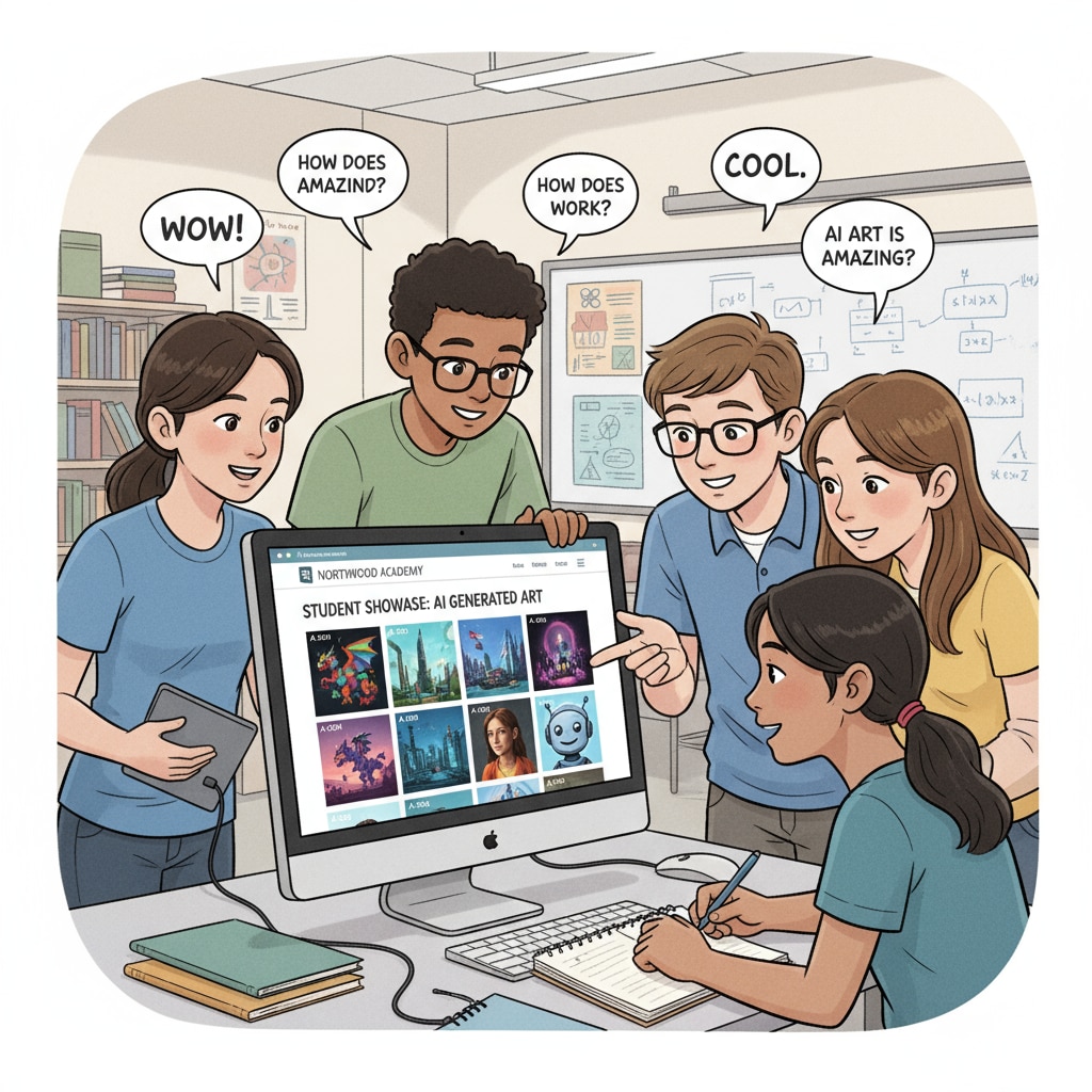 Students gathered around a computer, looking at a high school website that features AI-generated images, depicting an engaged learning environment. Students viewing high school website with AI-generated images