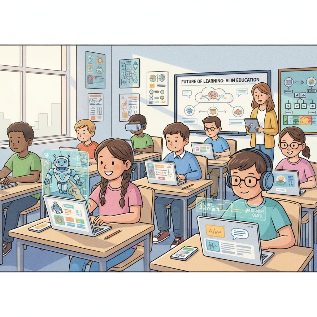 A classroom scene where students are using AI-based learning tools on their devices. Students using artificial intelligence learning tools in education.