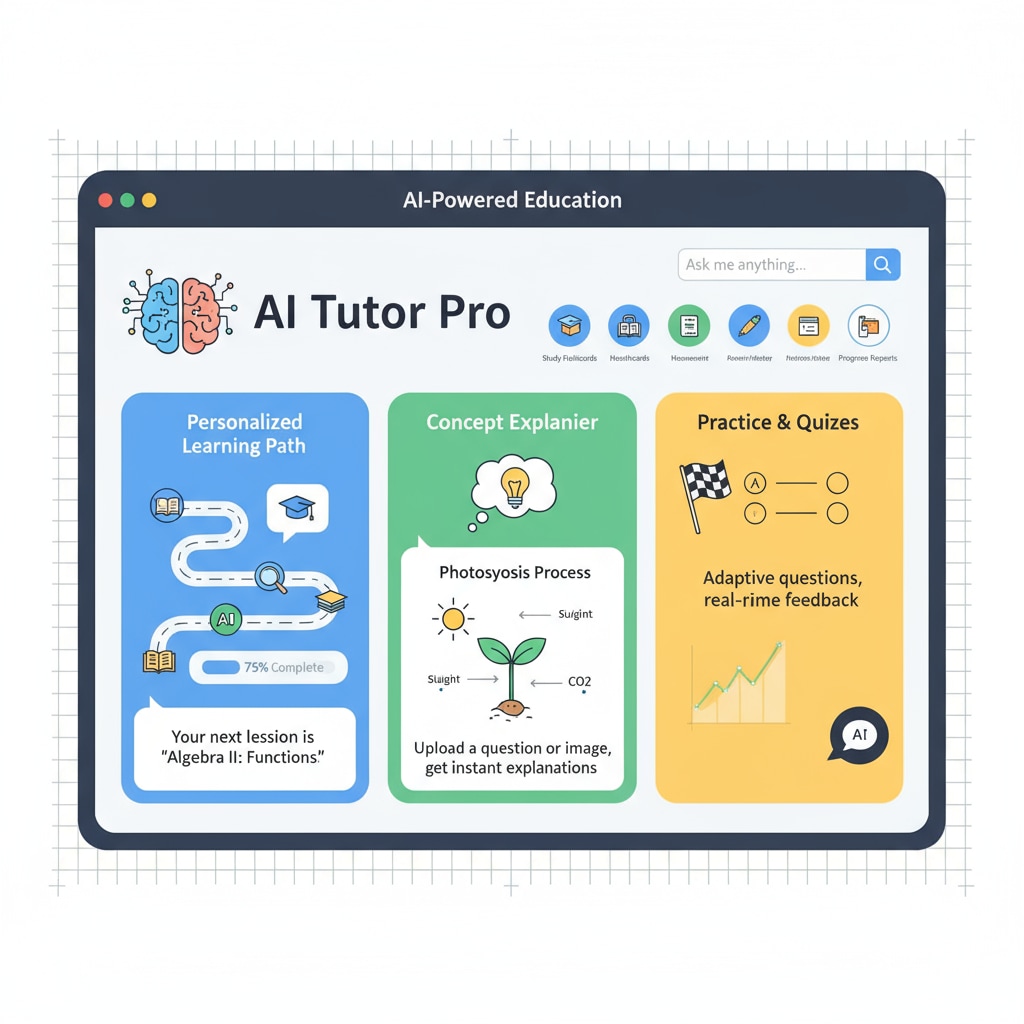 The interface of an educational software powered by artificial intelligence, showing various features. Artificial intelligence educational software interface for learning.