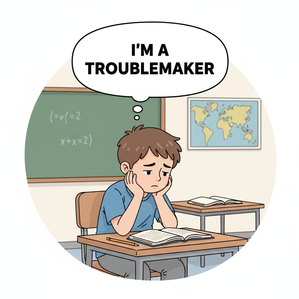 A young student is shown sitting at a desk, looking dejected with a thought bubble above their head that says  A student affected by school injustice, teacher bias, and negative labeling