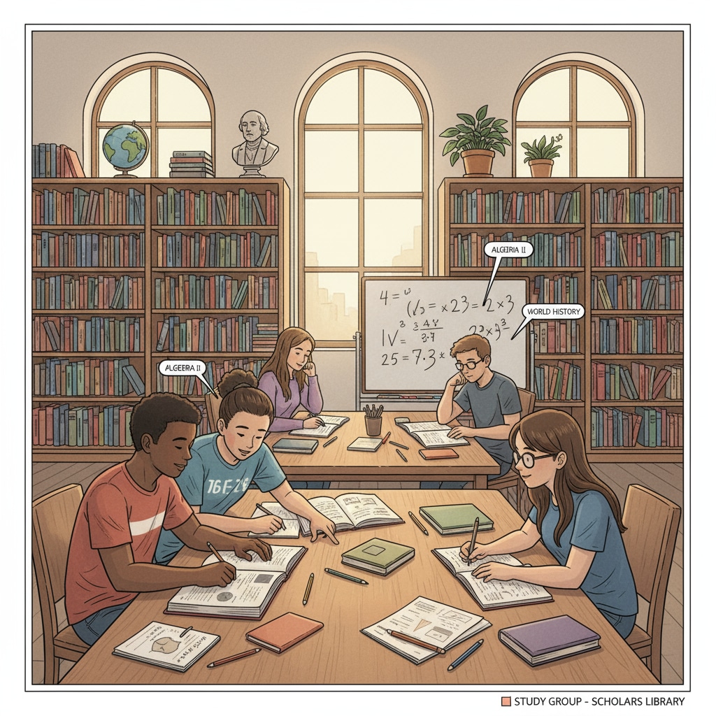 A group of high school students sitting at tables in a library, studying books and notebooks. High school students studying together using effective learning methods and academic skills.