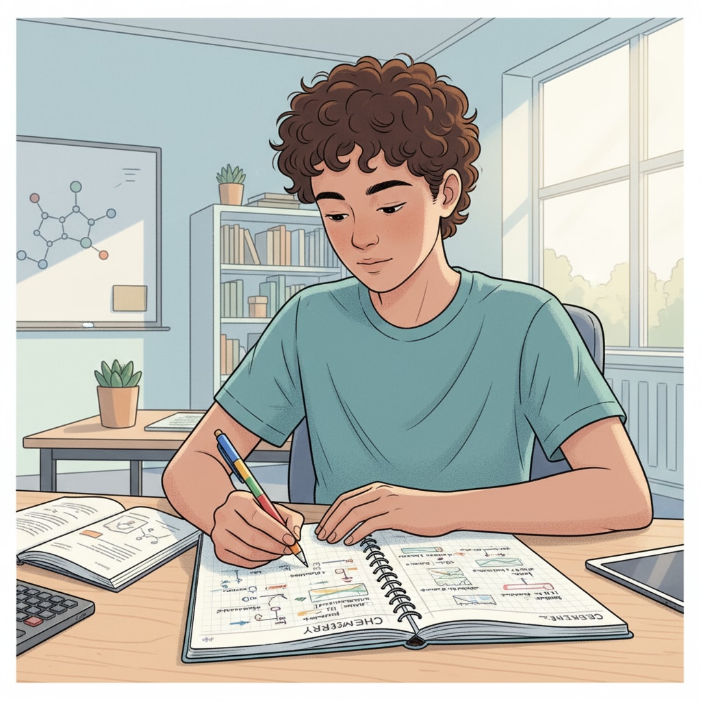 A student sitting at a desk, writing in a notebook with a colorful pen, taking organized notes. A high school student using active note-taking as an important academic skill.