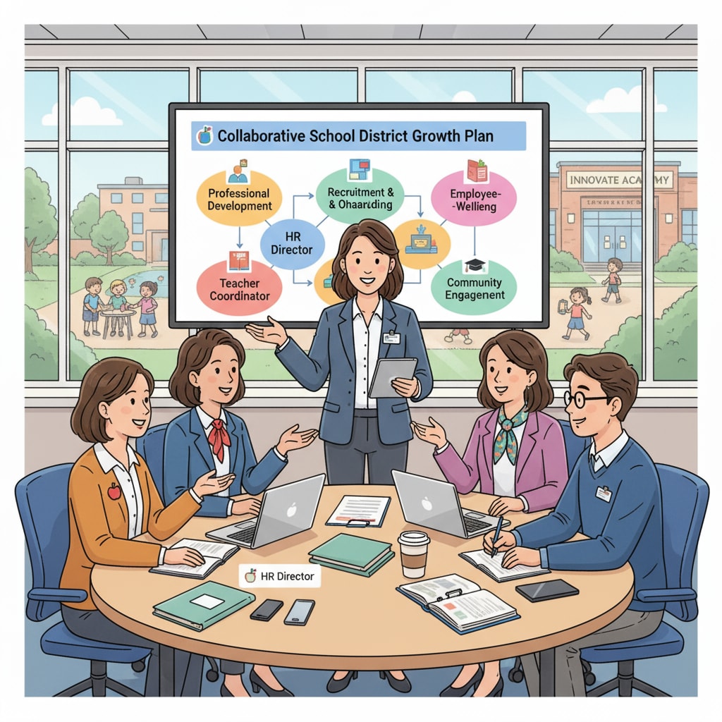 A group of educators and an HR professional discussing in a school setting, highlighting the collaborative nature of the HR director's role in a school district. School district HR director collaborating with educators