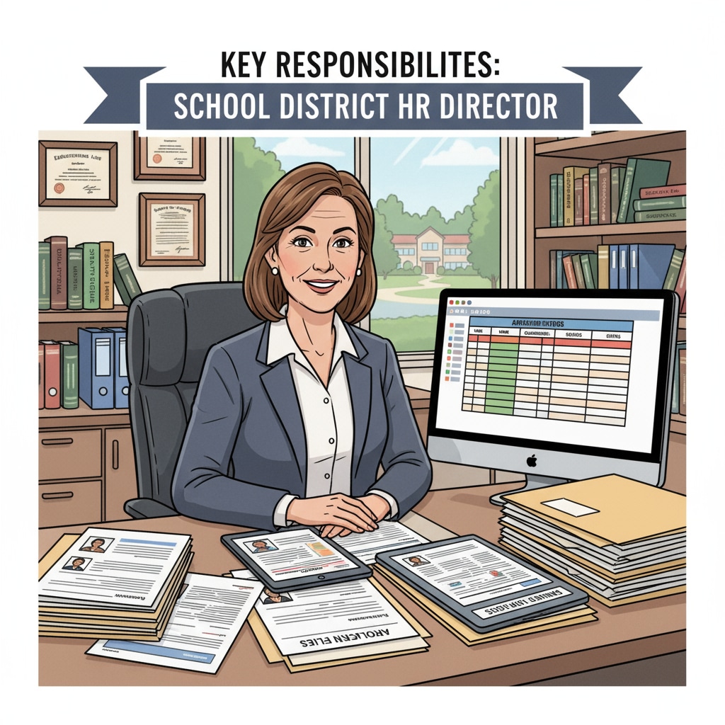 An HR director in an office, looking at recruitment files, depicting one of the key responsibilities of the school district HR director. School district HR director reviewing recruitment files