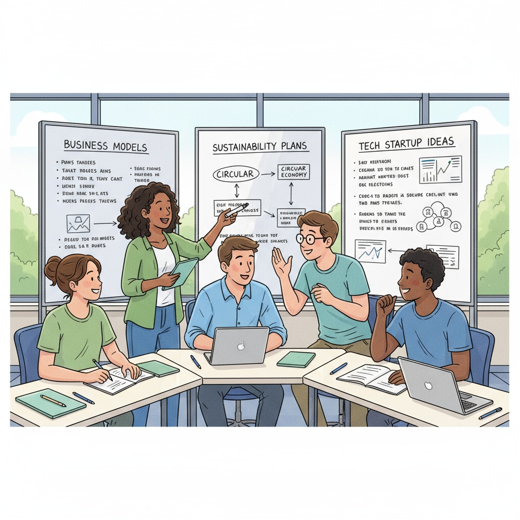 A group of students are engaged in a lively discussion about business ideas in a classroom setting, with whiteboards showing business concepts. Business students discussing ideas in a classroom related to business courses, higher education, and career planning