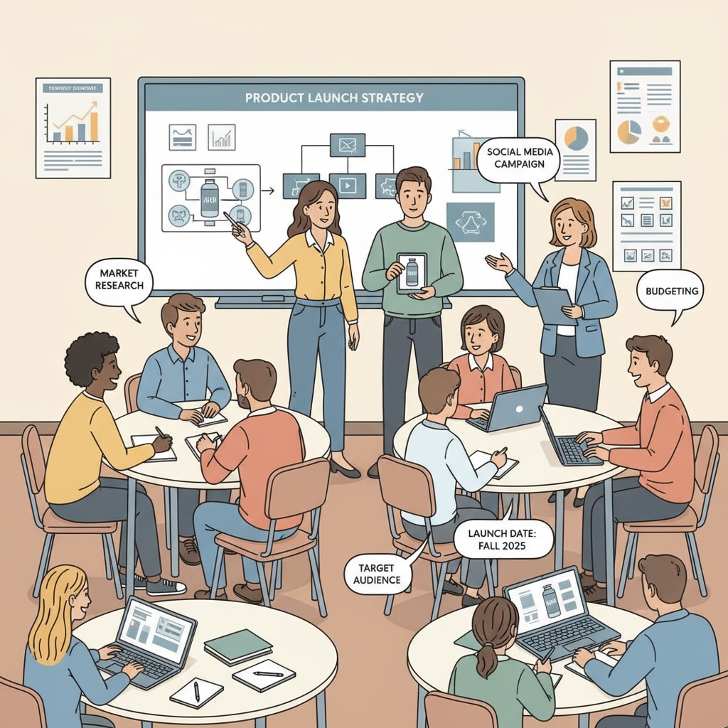 A marketing class is actively involved in planning a new product launch, with students presenting their ideas and strategies. Marketing class planning a product launch relevant to business courses, higher education, and career planning