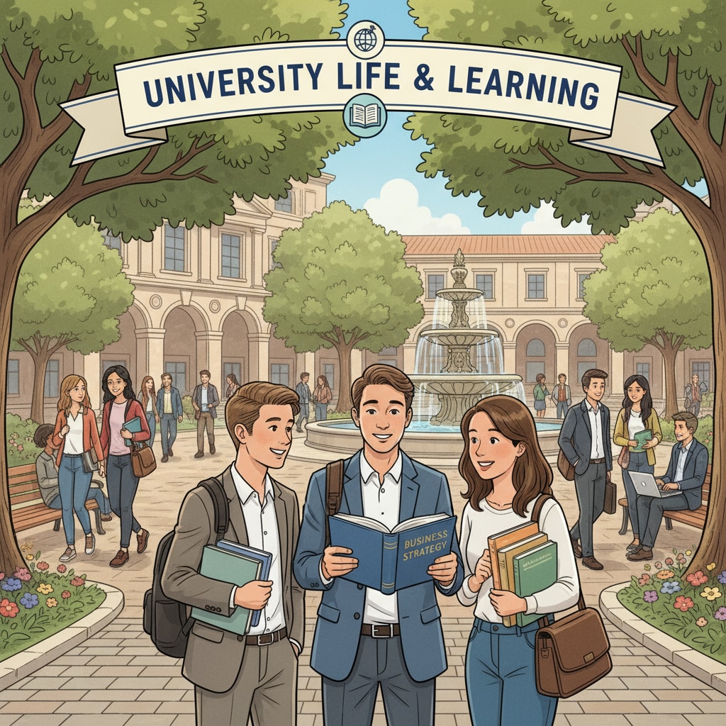 Students are walking around a beautiful university campus, interacting with each other, and some are carrying books related to business studies. University campus scene related to business courses, higher education, and career planning