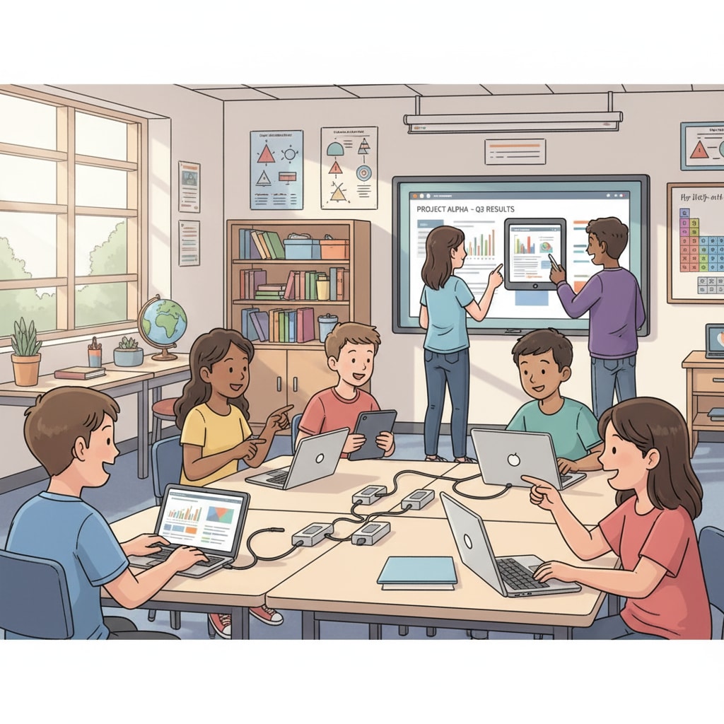 A group of junior high school students are using digital devices such as tablets and laptops in the classroom, showing an active learning atmosphere. Junior high school students engaged in digital age learning in the post-pandemic era