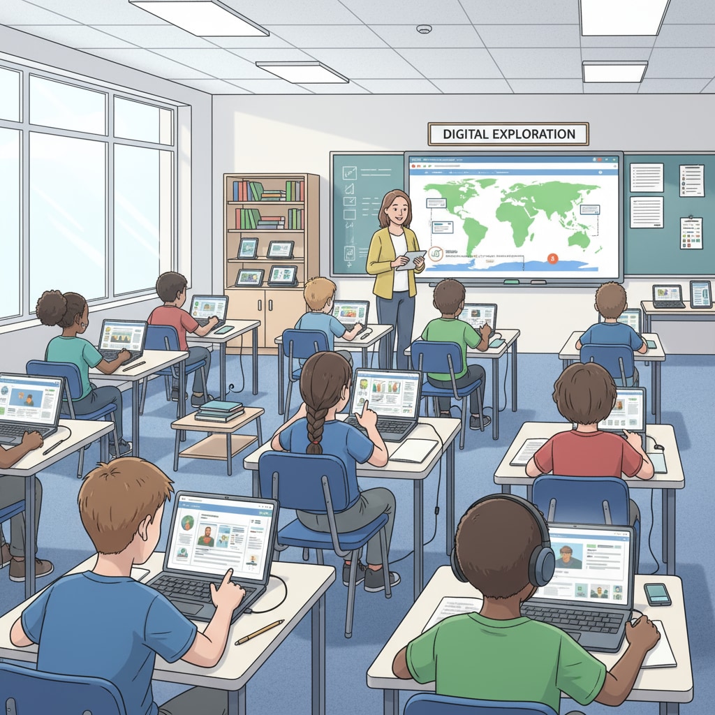 Students are sitting at their desks, searching for information on the Internet during a junior high school class, demonstrating the use of digital resources in learning. Junior high school students researching online in the post-pandemic digital learning environment