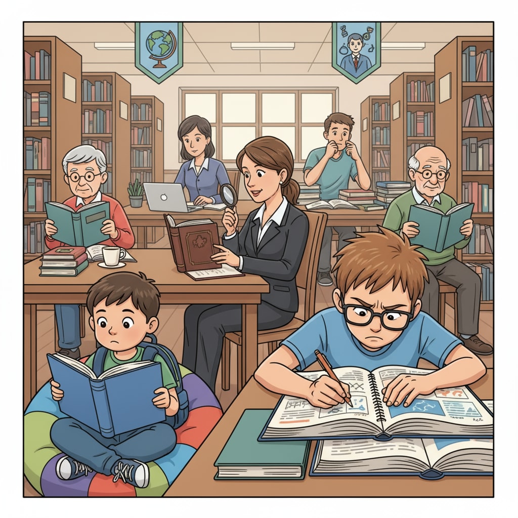 A group of people reading books in a library, with different postures and expressions, suggesting various educational levels. People with different educational backgrounds reading in a library related to novel character creation