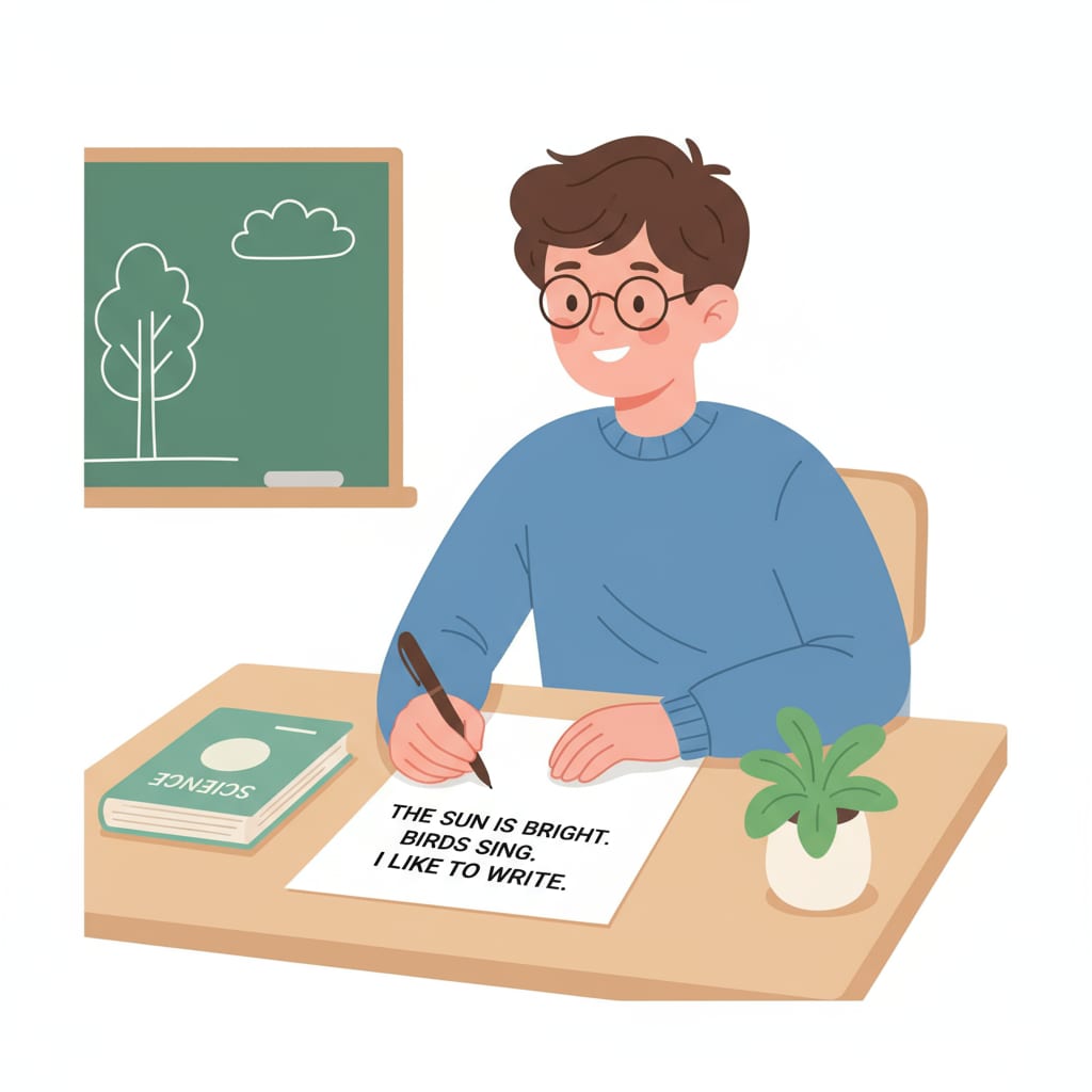 A person sitting at a table, writing on a piece of paper with simple words and short sentences visible. A person writing in a simple style influenced by limited education for novel character portrayal