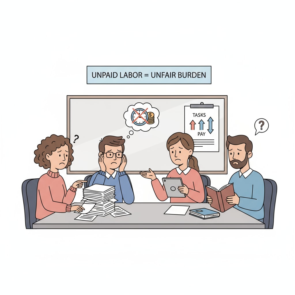 A group of educators in a meeting, looking concerned, which reflects their worries about uncompensated extra work. K12 educators worried about work exploitation and its impact on career development