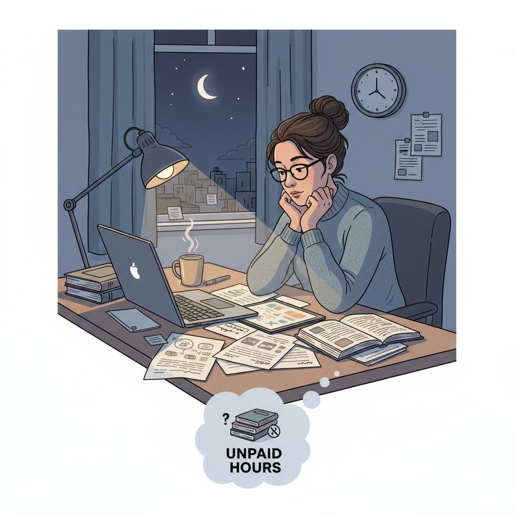 An educator is shown working late at night on curriculum development, highlighting the uncompensated extra work they often do. K12 educator doing uncompensated curriculum development work
