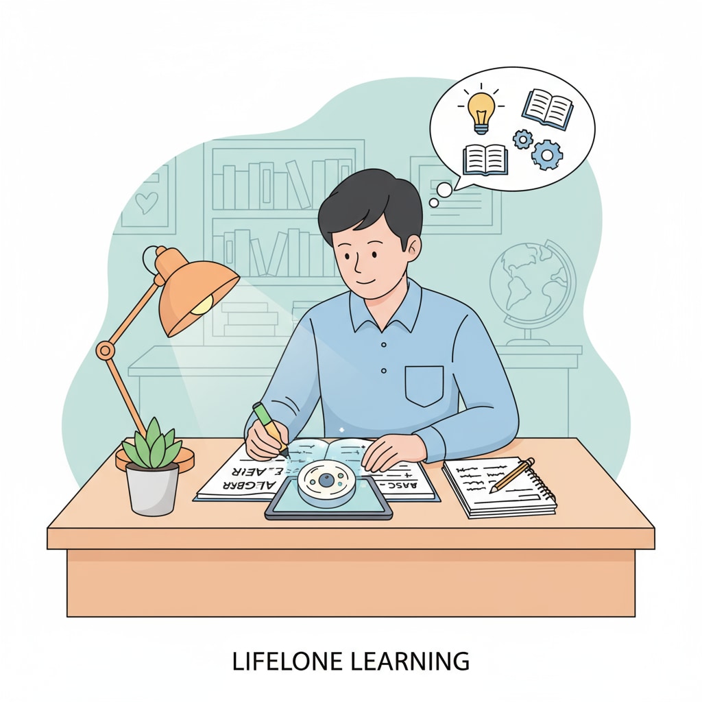 An adult sitting at a desk, studying basic educational materials with a focused expression. An adult focusing on basic education review using online resources.