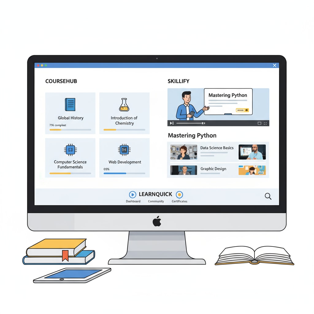 A computer screen displaying popular online education platforms' interfaces. Online education platforms offering courses for basic education review.