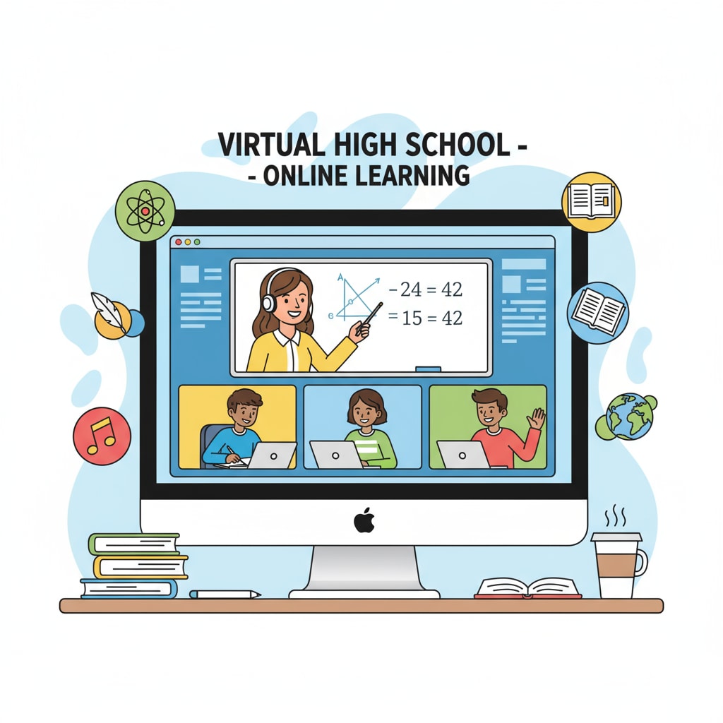 A virtual classroom scene where students are engaged in online learning, representing the environment of an online high school. Students studying in an online high school related to credit requirements and high school diploma