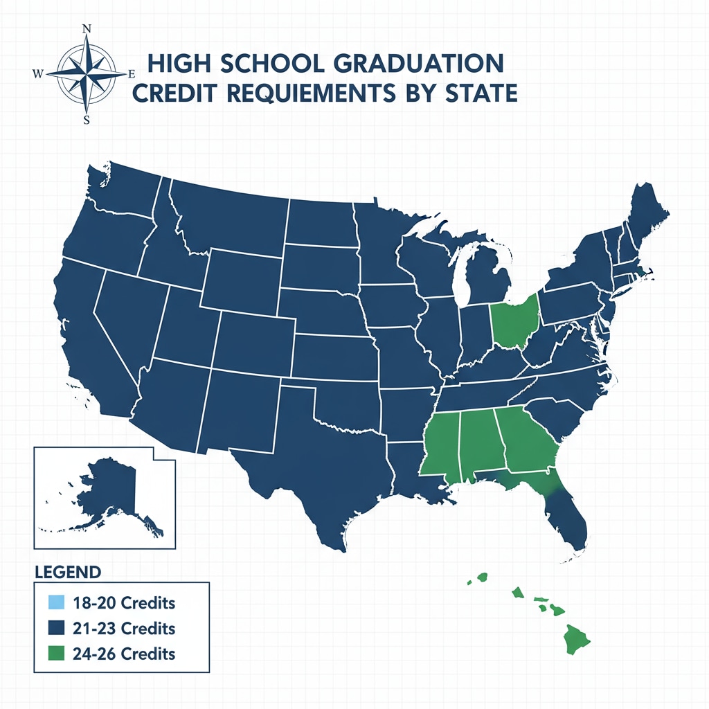 A visual representation of a map highlighting different states with varying credit requirements for high school graduation. Map showing state-wise credit requirements for online high school and high school diploma attainment