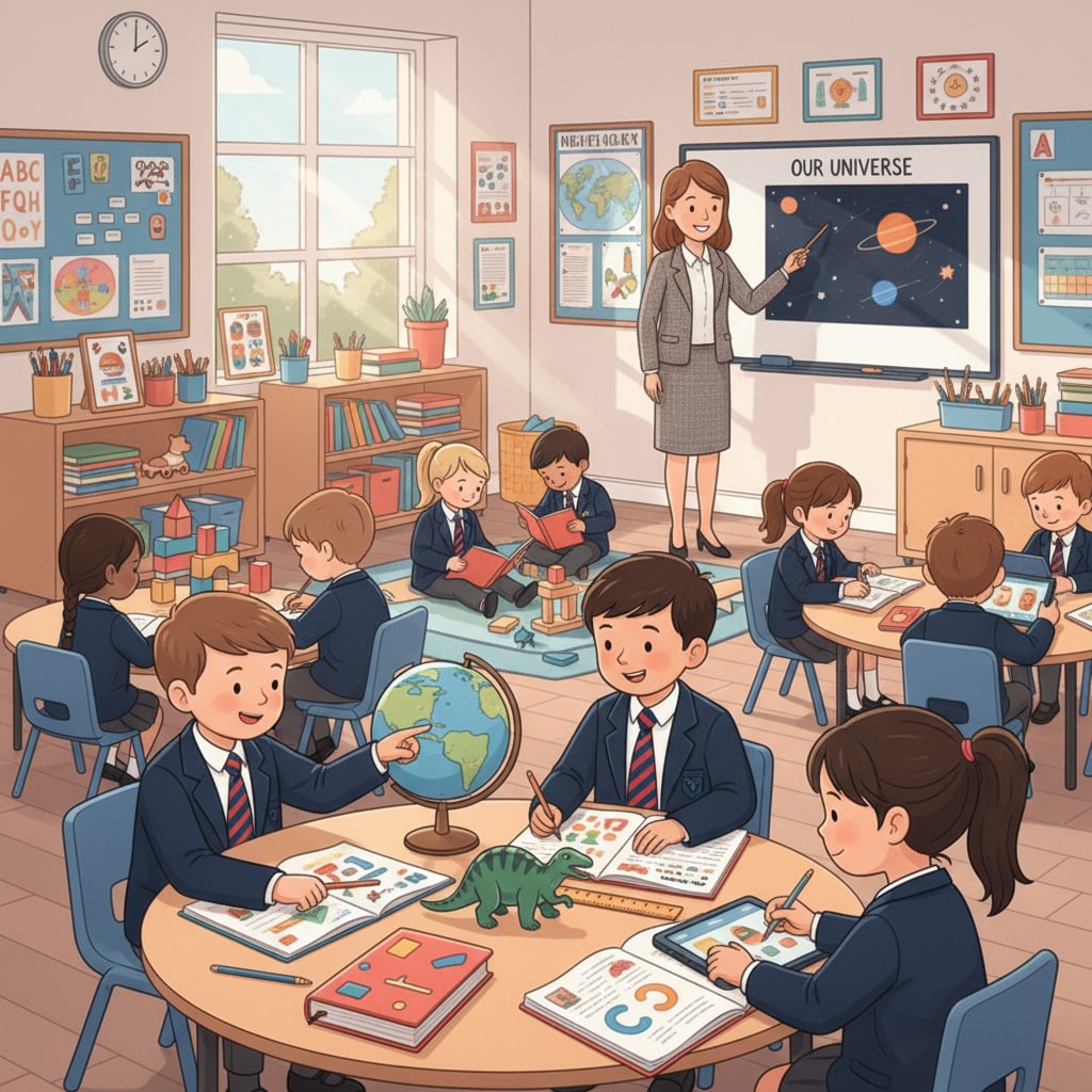 A classroom scene in a UK private primary school where children are engaged in learning activities. Children in a UK private primary school classroom related to scholarships and education