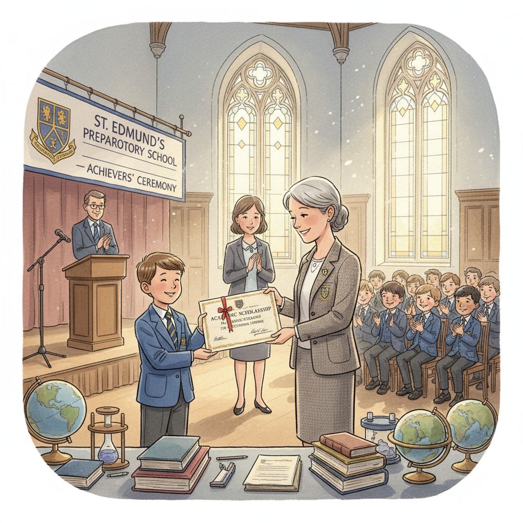 A ceremony in a UK private primary school where a child is being presented with a scholarship certificate. A child receiving a scholarship certificate in a UK private primary school related to education