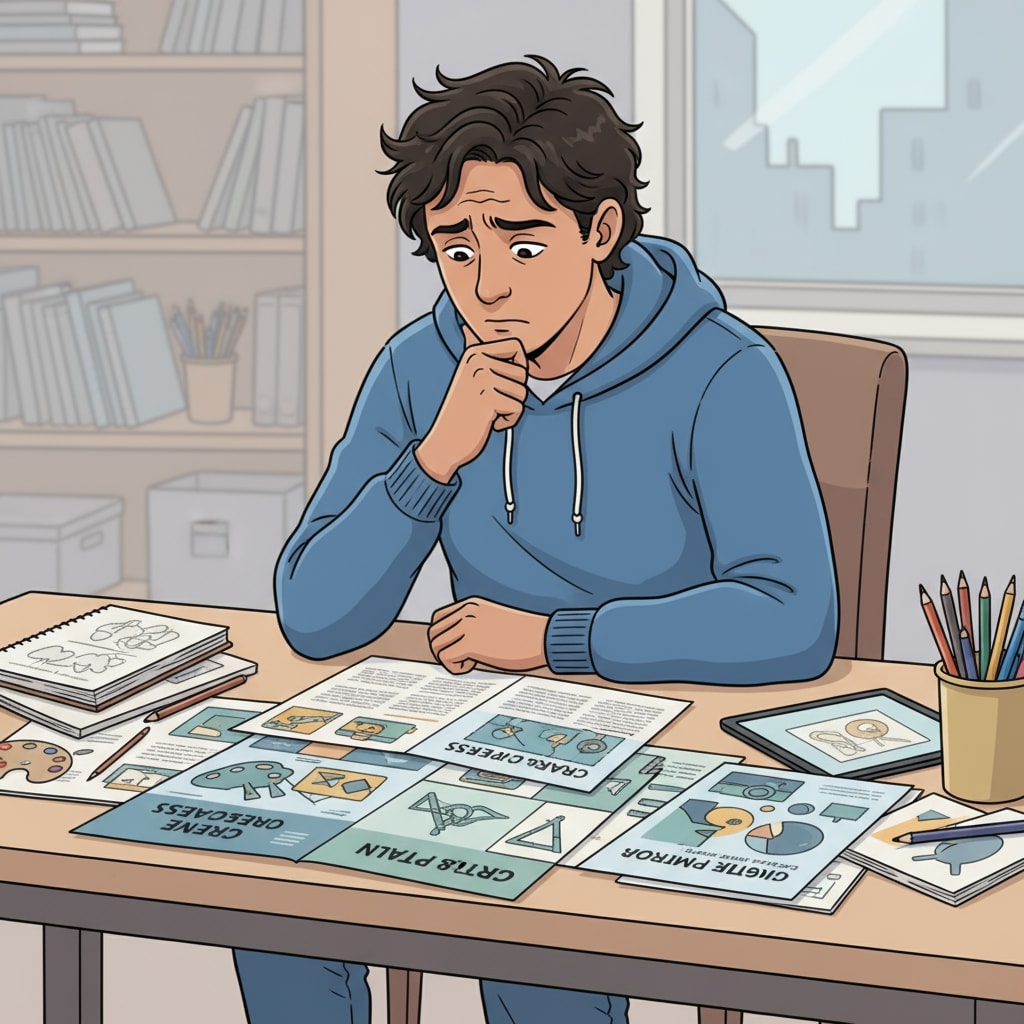 A 17-year-old immigrant teen sitting at a desk, looking at career brochures with a worried expression. He is surrounded by brochures related to art and design, showing his interest in the field. A 17-year-old immigrant teen facing career choice dilemmas, related to career choices, father-son conflicts, and military careers