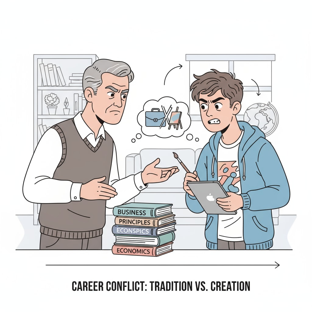 A father and son having a serious conversation, with expressions of disagreement on their faces. The father has a firm look, while the son appears frustrated, highlighting their conflict over career choices. Father and son in conflict over career choices, related to career choices, father-son conflicts, and military careers