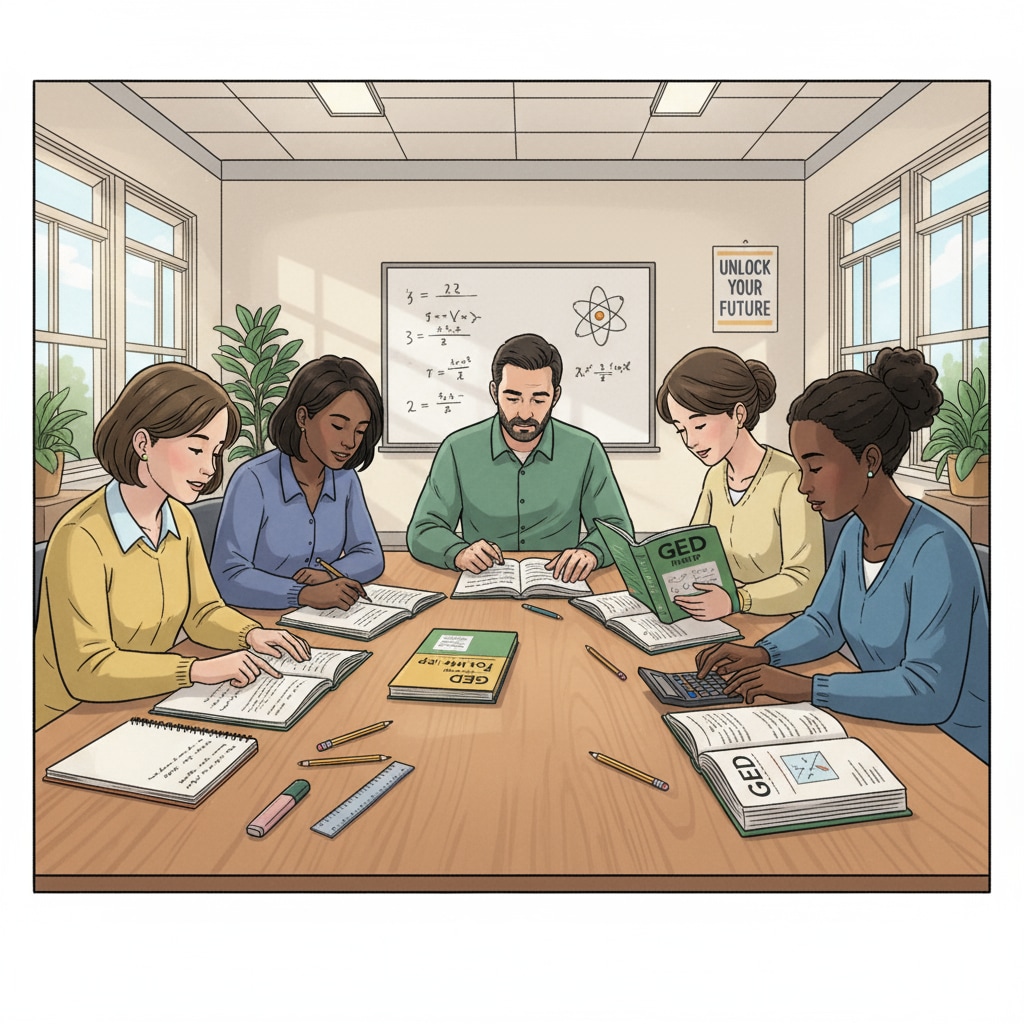 Students are sitting at a table, carefully looking through GED math and science study materials, with notebooks and pencils nearby, focused on their preparation. Students studying GED math and science materials