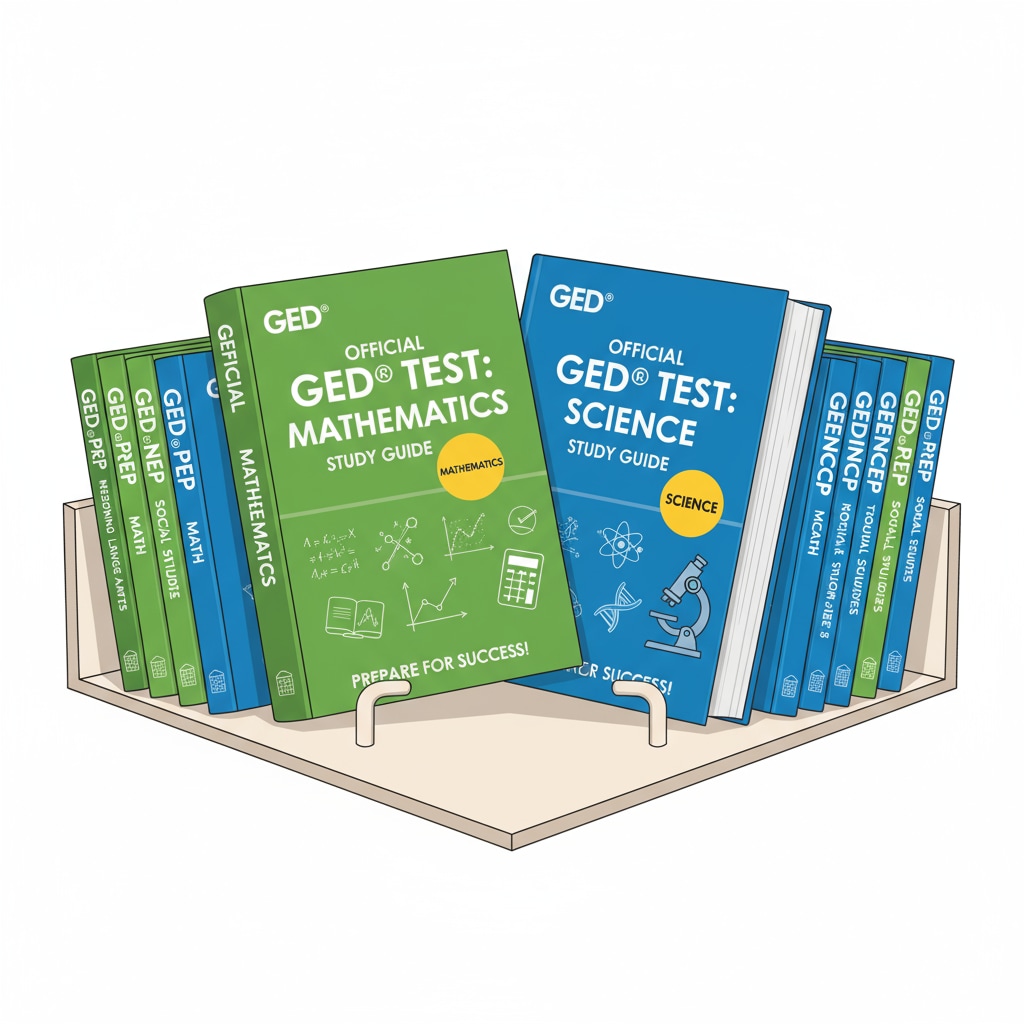 A display of official GED study guides for math and science, showing the covers and highlighting the relevant subject areas. Official GED study guides for math and science
